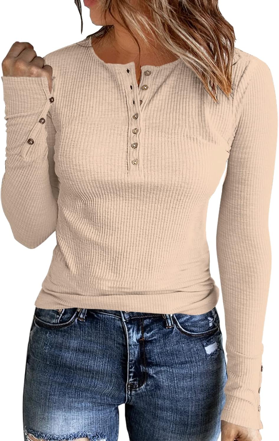 Fairlene Women's Slim Fit Henley Long Sleeve Top: Fashionable Ribbed Knit Casual Blouse with Scoop Neck and Button-Down Design