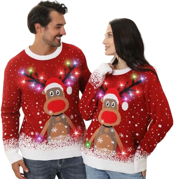 Fairlene Light-Up Christmas Sweater for Couples – Funny, Cute Reindeer Design for Men & Women – Perfect for Holiday Parties and Family Gatherings